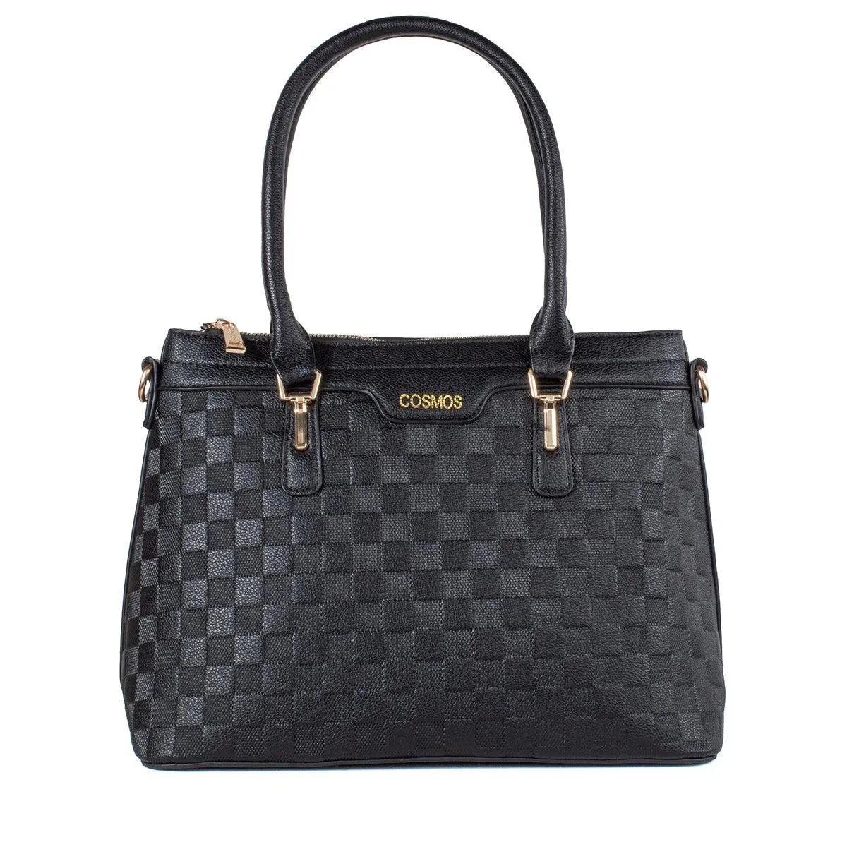 Bolso tipo shopping color negro con patrón de cuadrados