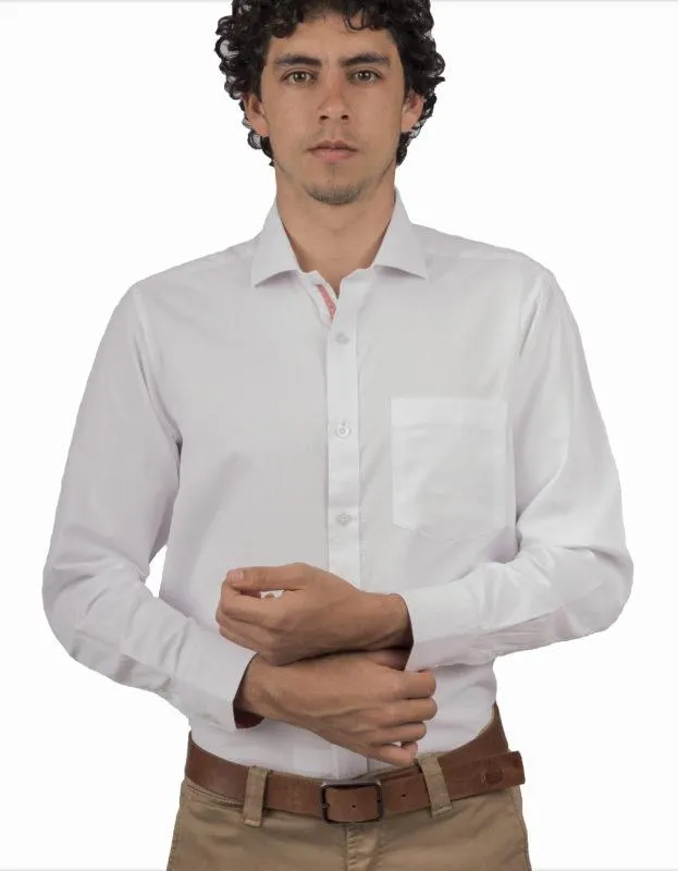 Camisa Manga Larga Blanca Textura Rayas Contraste Rojo – Moldería clásica