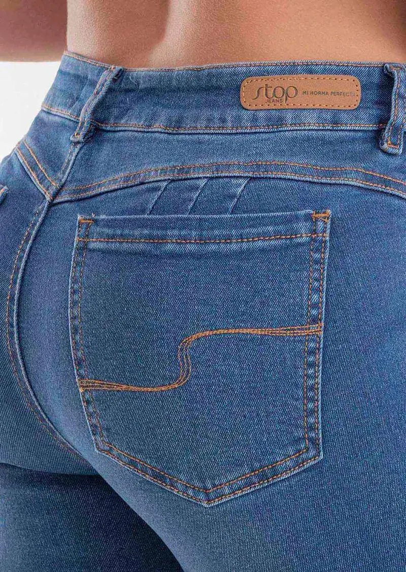 Jean levantacola medio oscuro y tiro alto para mujeres