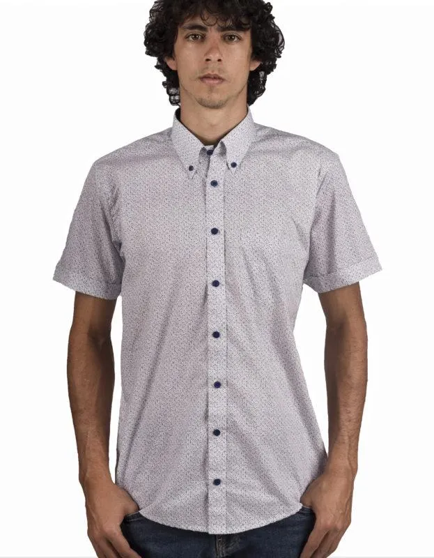 Camisa Manga Corta Blanca Estampado Jaspe Azul Oscuro – Moldería informal
