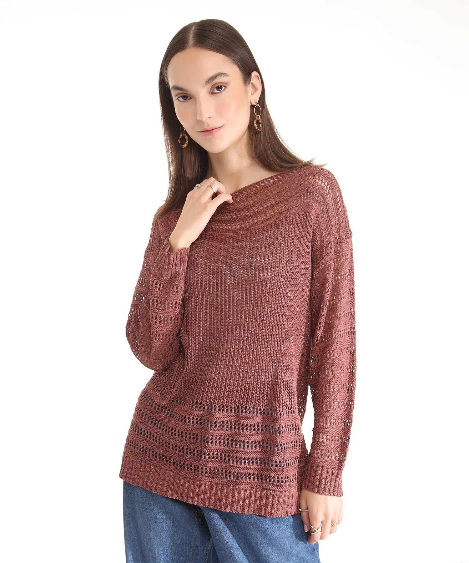 Saco Cuello Semi Bandeja Manga Larga Con Hilos Metalizados