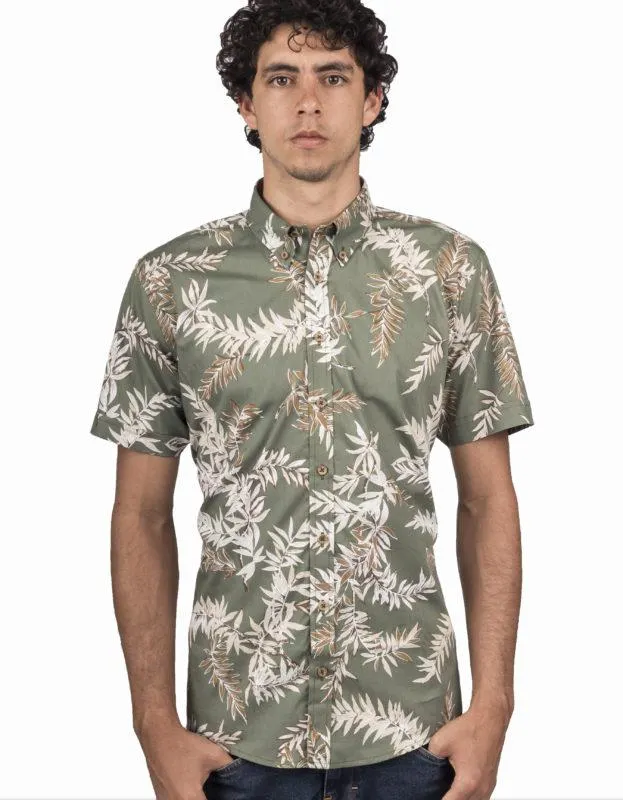 Camisa Manga Corta Verde Militar Estampado Hojas Beige – Moldería informal