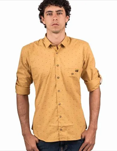 Camisa Manga Larga Color Mostaza Estampado Geométrico – Moldería slim