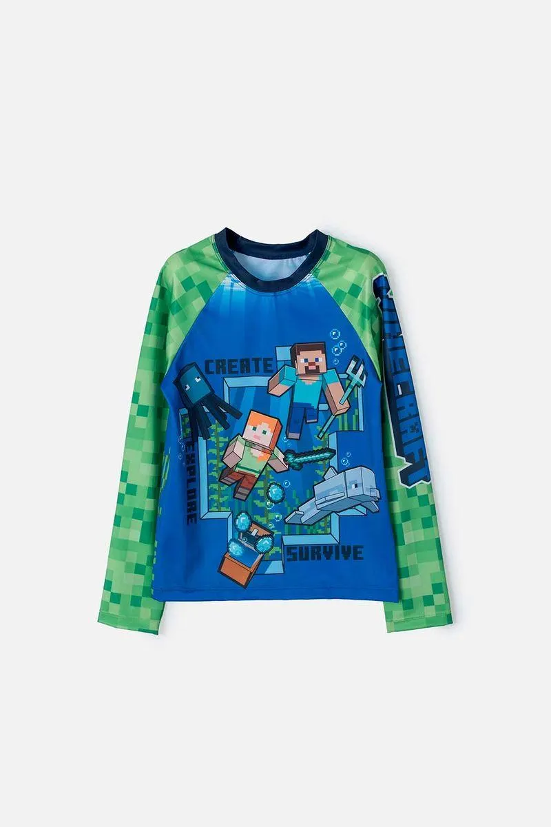 Camiseta de baño de Minecraft verde y azul manga larga para niño