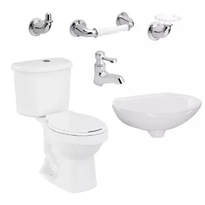 Combo de Baño Blanco: Sanitario dos piezas + Lavamanos + Grifería + Accesorios