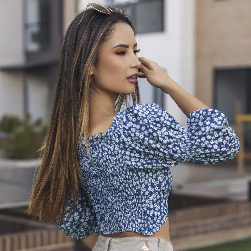Crop Top En Tela Chambray Bordado Rigida