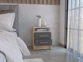 mesa de noche douglas, beige y plata oscuro, con un entrepaño superior y dos cajones organizadores