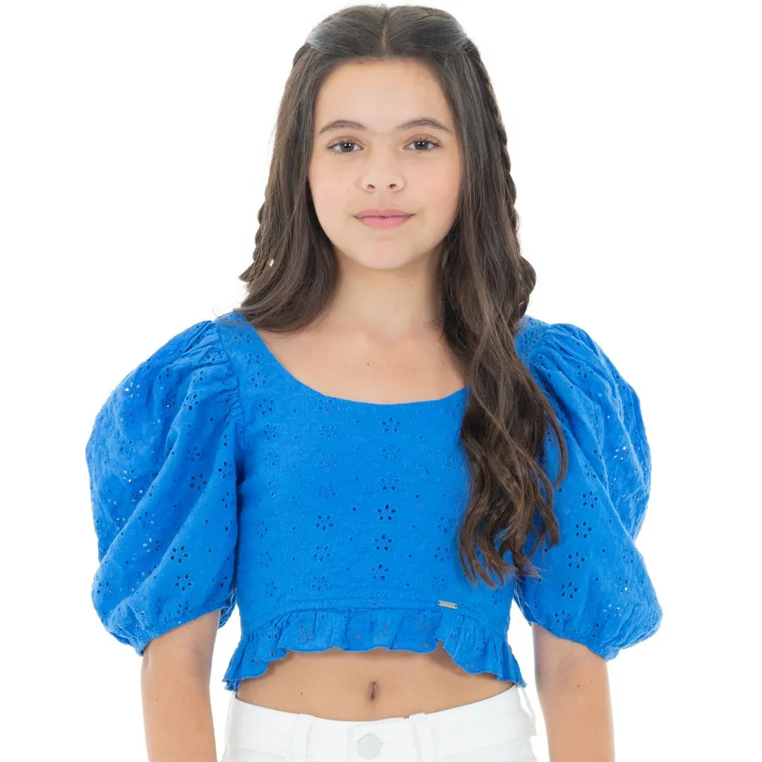 BLUE EYELET CROPPED SHIRT