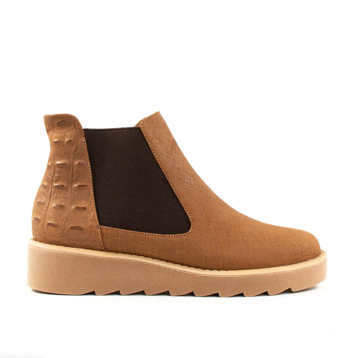 Botín de cuero color miel con bandas elásticas para mujer