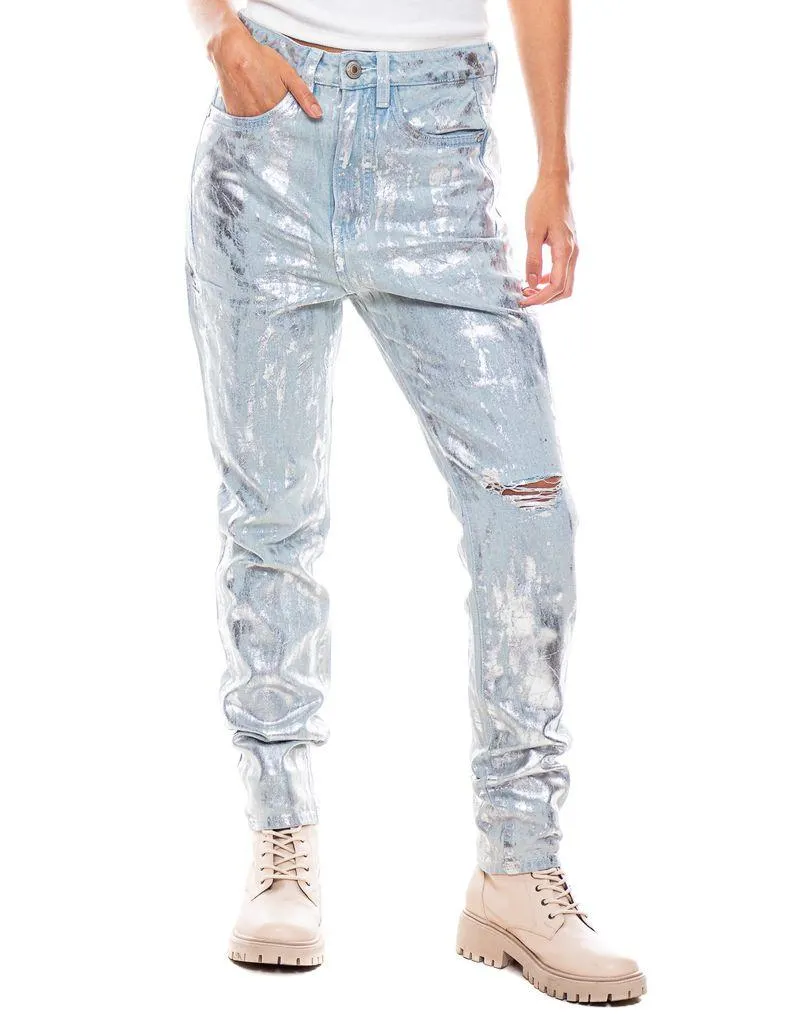 Slouchy Denim Jeans Con Roto En Rodilla Efecto Metalizado