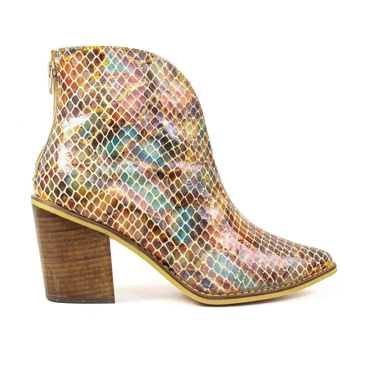 Botín de cuero tipo texano color blanco estampado multicolor, para dama