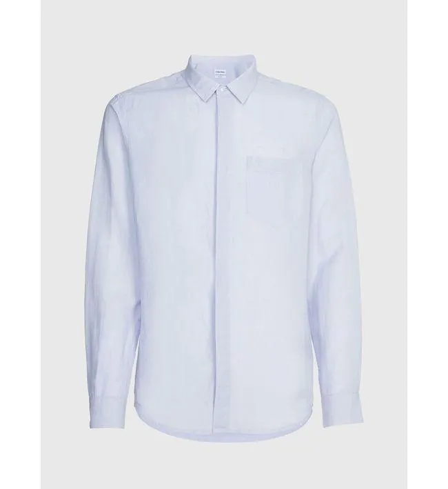 Camisa Azul Manga Larga De Lino Calvin Klein Hombre Azu