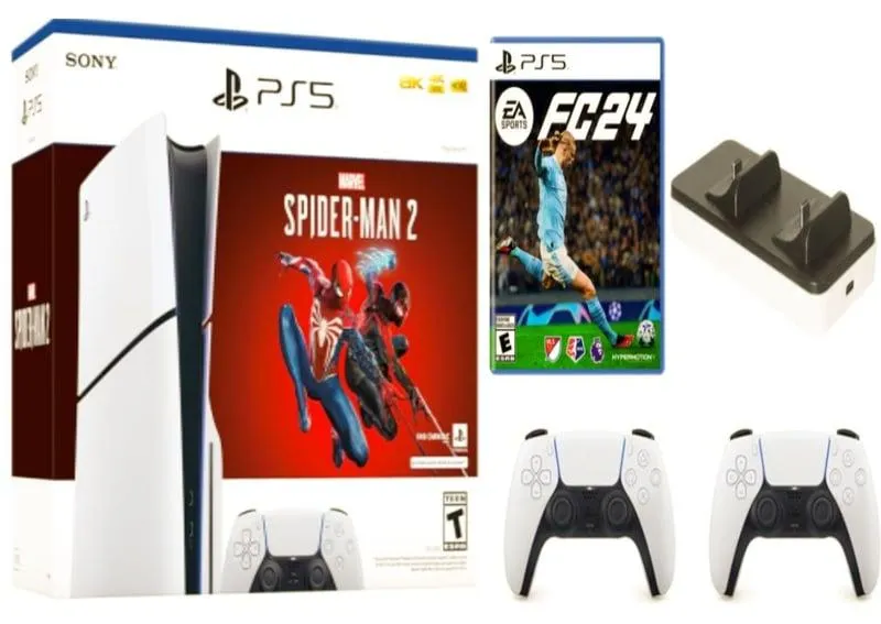 Consola PS5 Slim Marvel’s Spider-Man 2 1 Tera + 2 Controles + FC 24 + Cargador Dobe