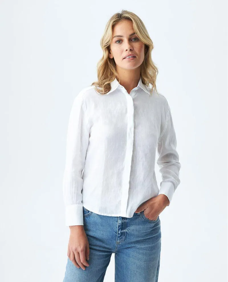 Camisa de Mujer, Silueta Recta Manga Larga Cuello Camisero - Lino
