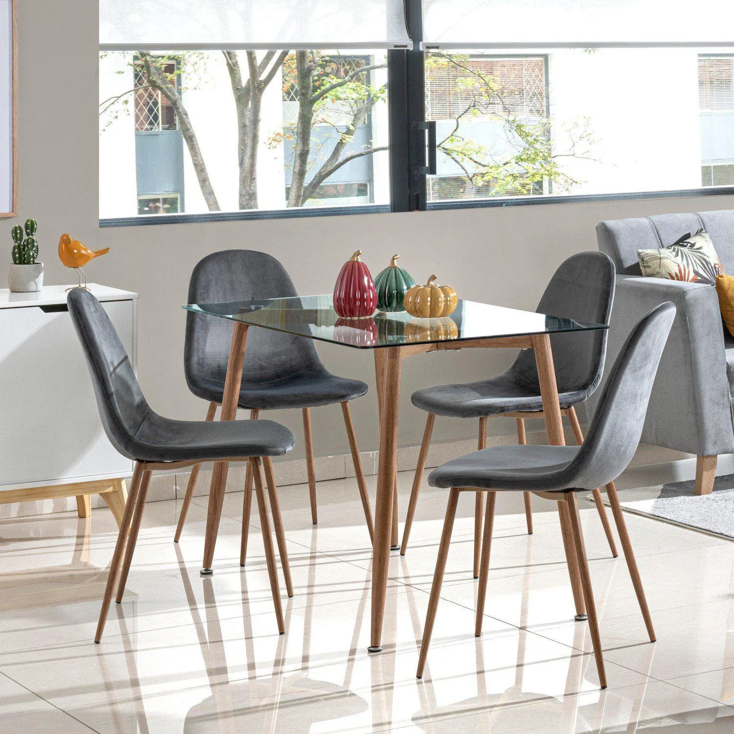 Comedor Harrison 4 puestos Microfibra Gris, Natural