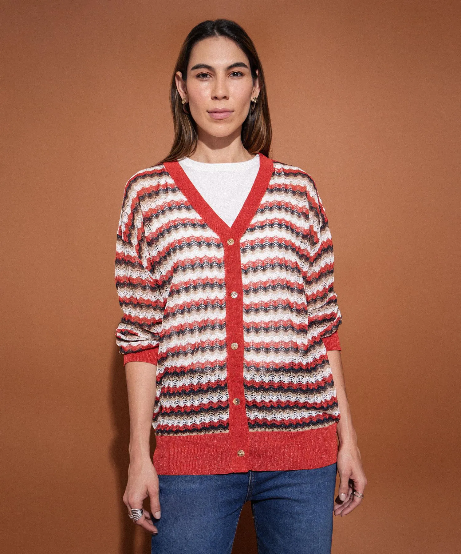 Saco Tela De Textura Abierto Con Botones