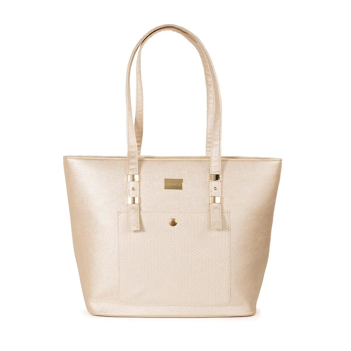 Bolso tipo cartera color champaña con bolsillo frontal