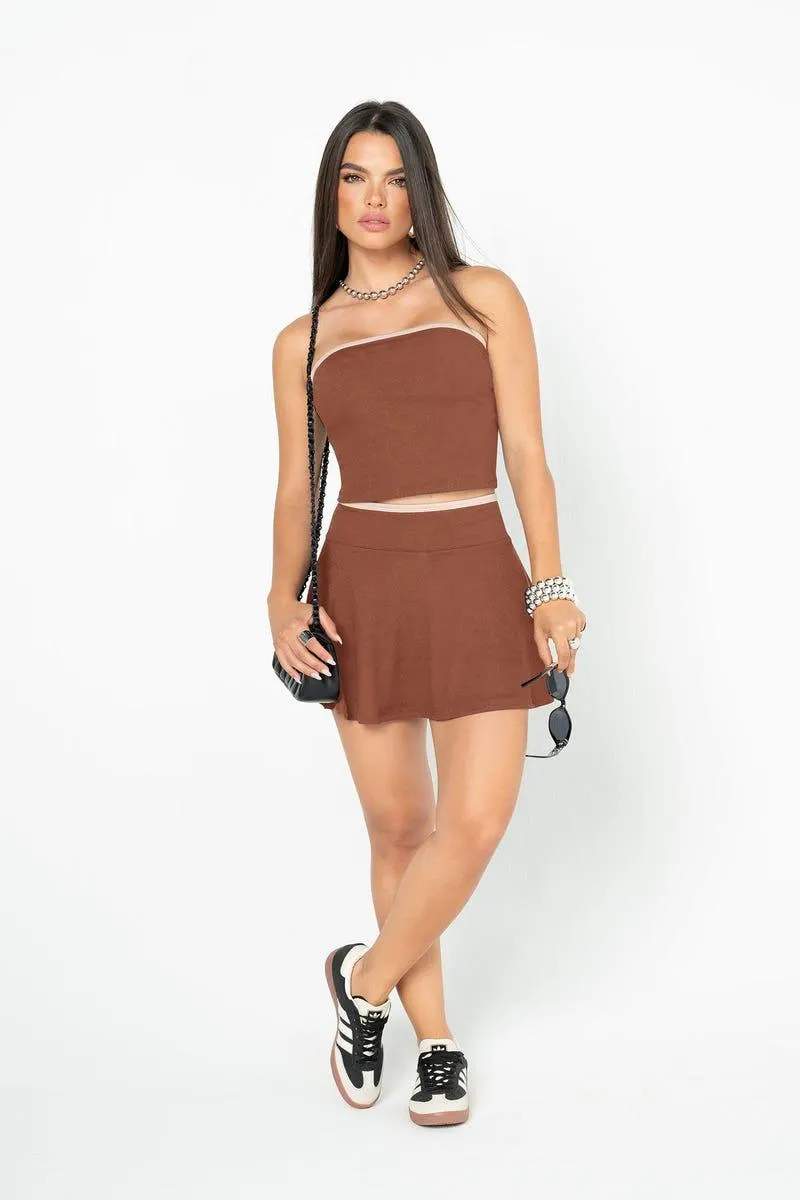 CONJUNTO X 2 CROP TOP - FALDA SHORT Café