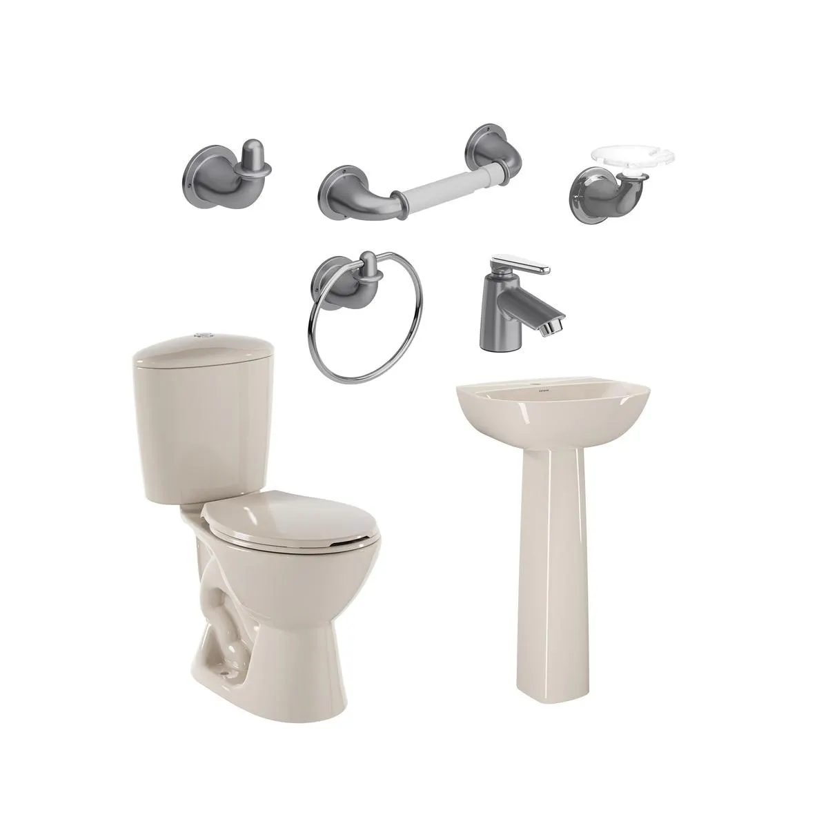 Combo Manantial Pro Redondo Bone con pedestal + Grifería y accesorios grises de edición especial