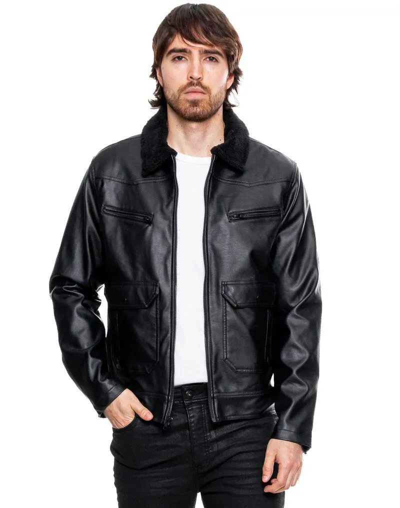 Chaqueta Biker Efecto Cuero Con Ovejero En Cuello