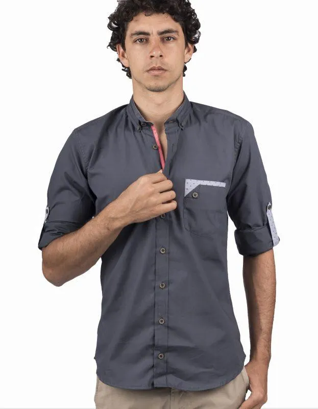 Camisa Cuello Nerú Color Azul Grisáceo Detalle en Bolsillo – Moldería slim