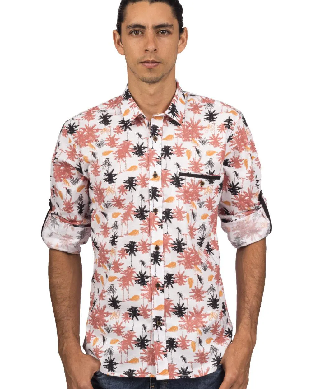 Camisa Manga Larga Print Palmas Negras y Terracota – Moldería slim