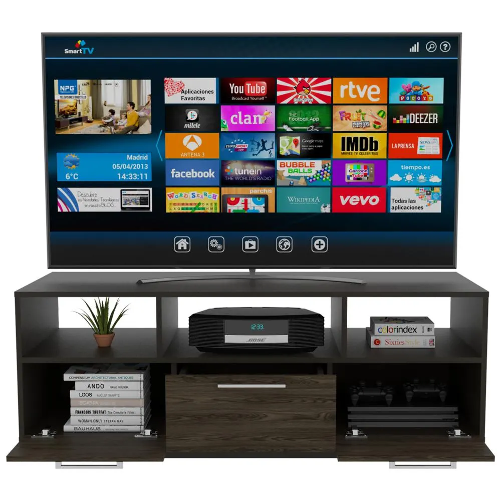 Mesa de tv wema, wengue y chocolate, con espacio para televisor y varios entrepaños