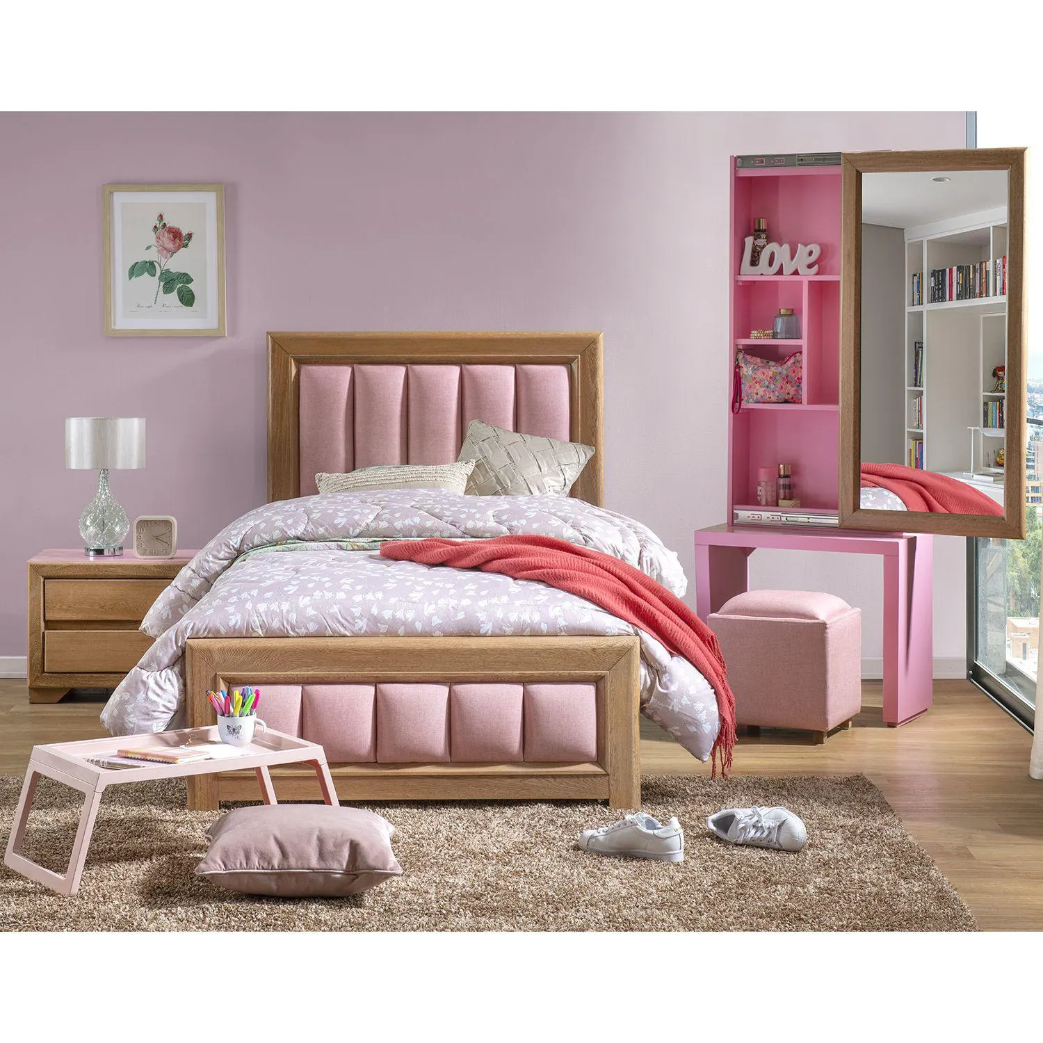 Cama 1.00 Marbella Eurolino Rosa, Natural