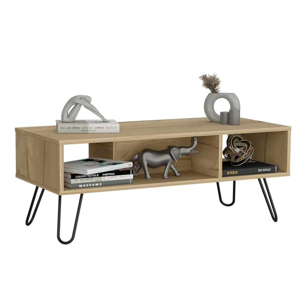 Mesa de centro lara, café claro, con amplio espacio y patas de acero