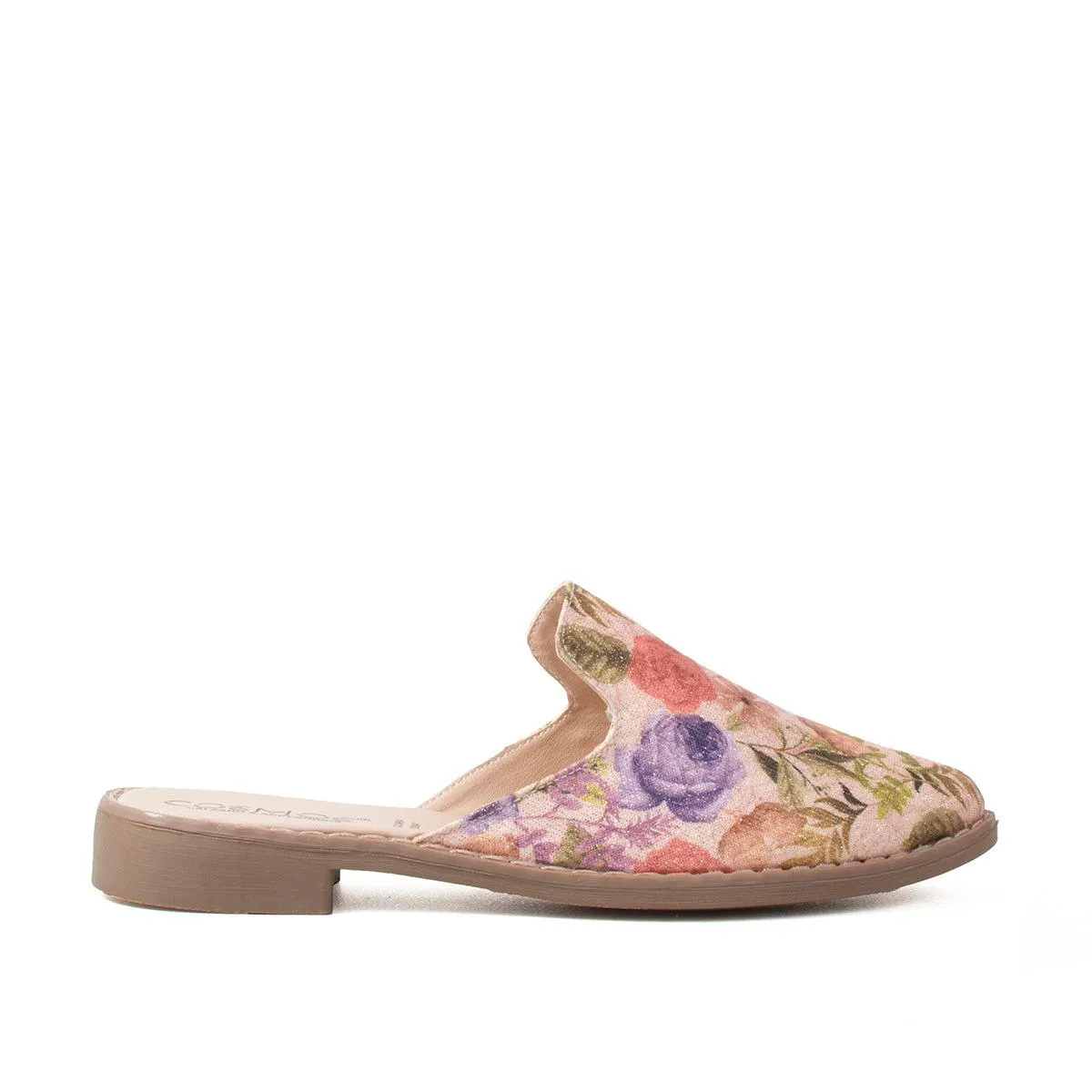 Zuecos tipo mule color nude con estampado de flores, para dama