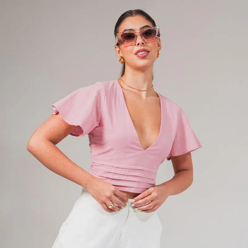 Blusa Semi Amplia Manga Corta Roze