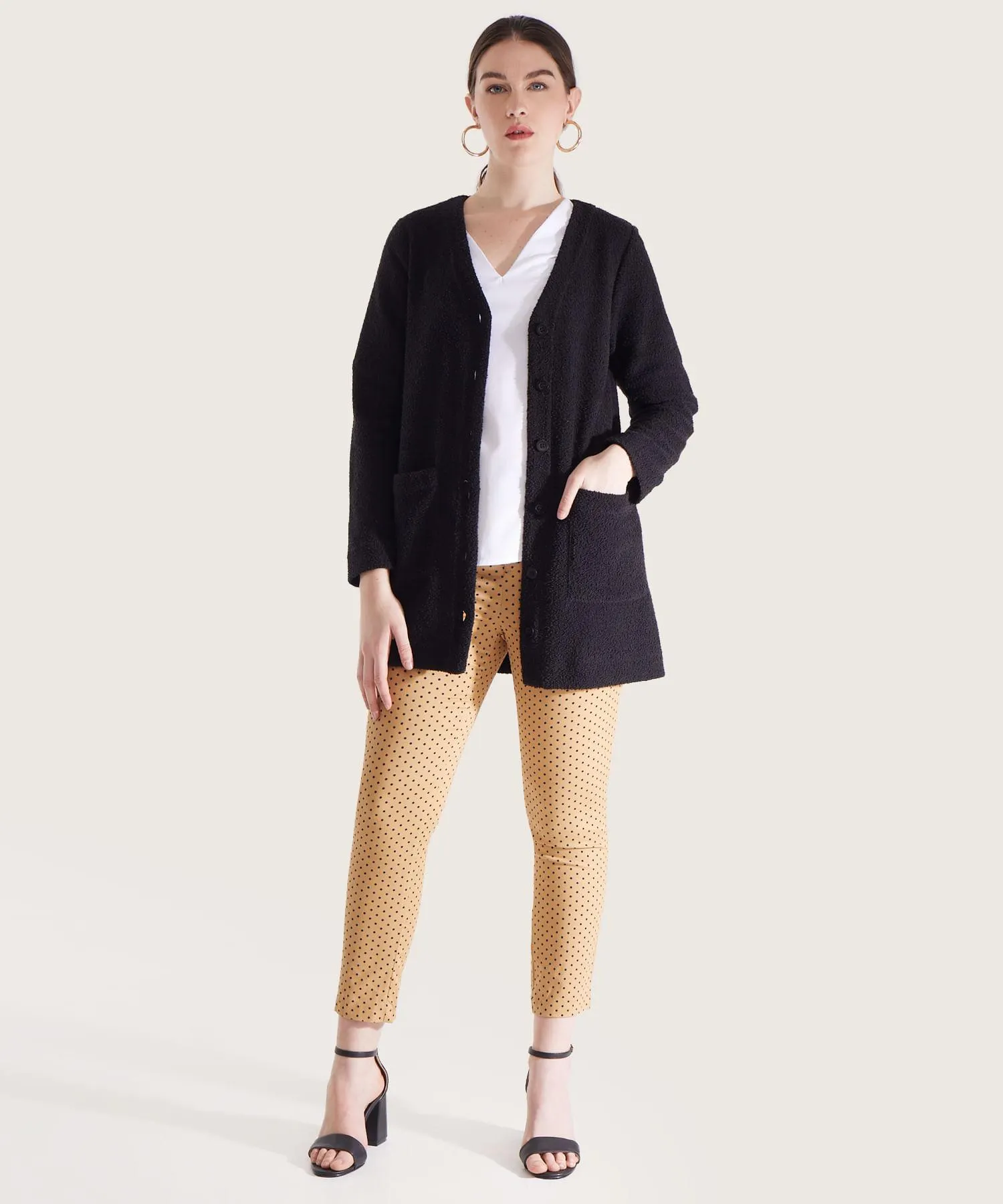 Saco Manga Larga Unicolor Con Bolsillos