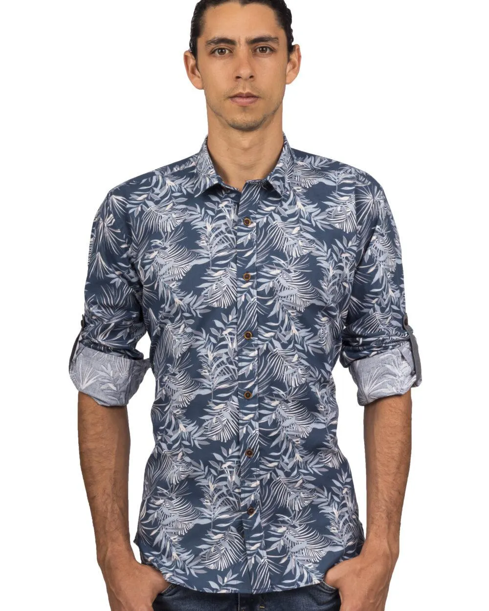 Camisa Manga Larga Azul Estampado Hojas Tropicales Gris y Blanco – Moldería slim