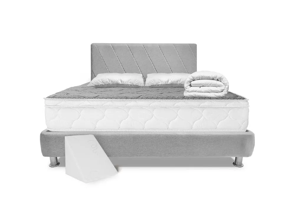Combo Gold Colchón Resortado Silver Soft + Base Cama + Cabecero +Almohada + Protector + Cojín Tv