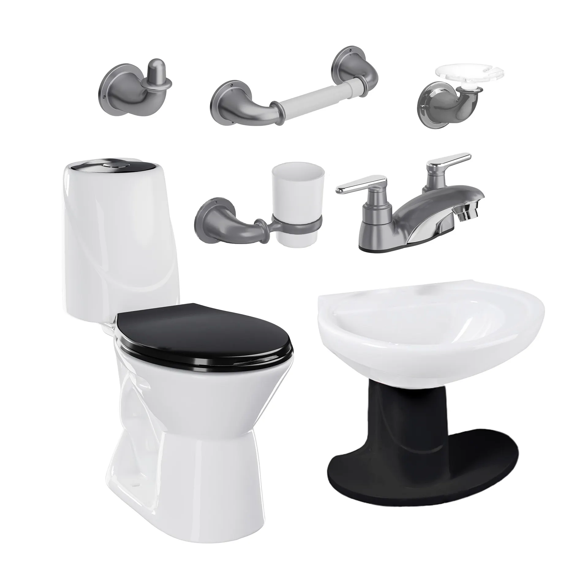 Combo Happy Home III 4.8 Negro con semipedestal + Grifería y accesorios grises de edición especial