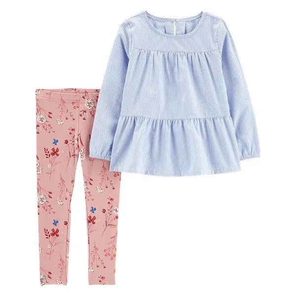 Set Camiseta Manga Larga Azul y Pantalón Estampado Niñas - Carter's