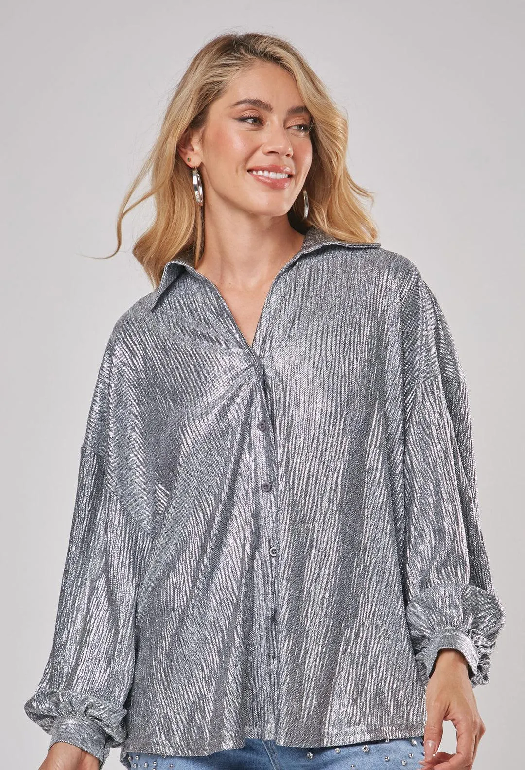 Camisa Maga Larga Metalizada Mujer - SALE