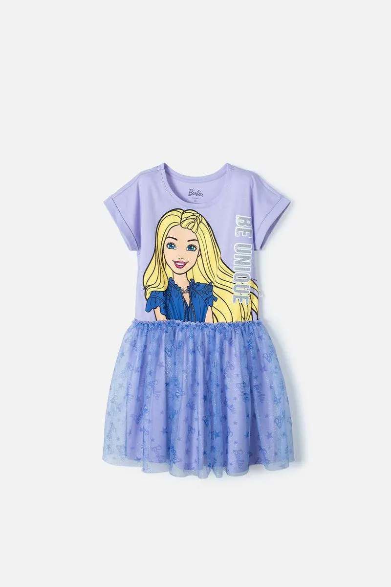 Vestido de Barbie manga corta lila para niña