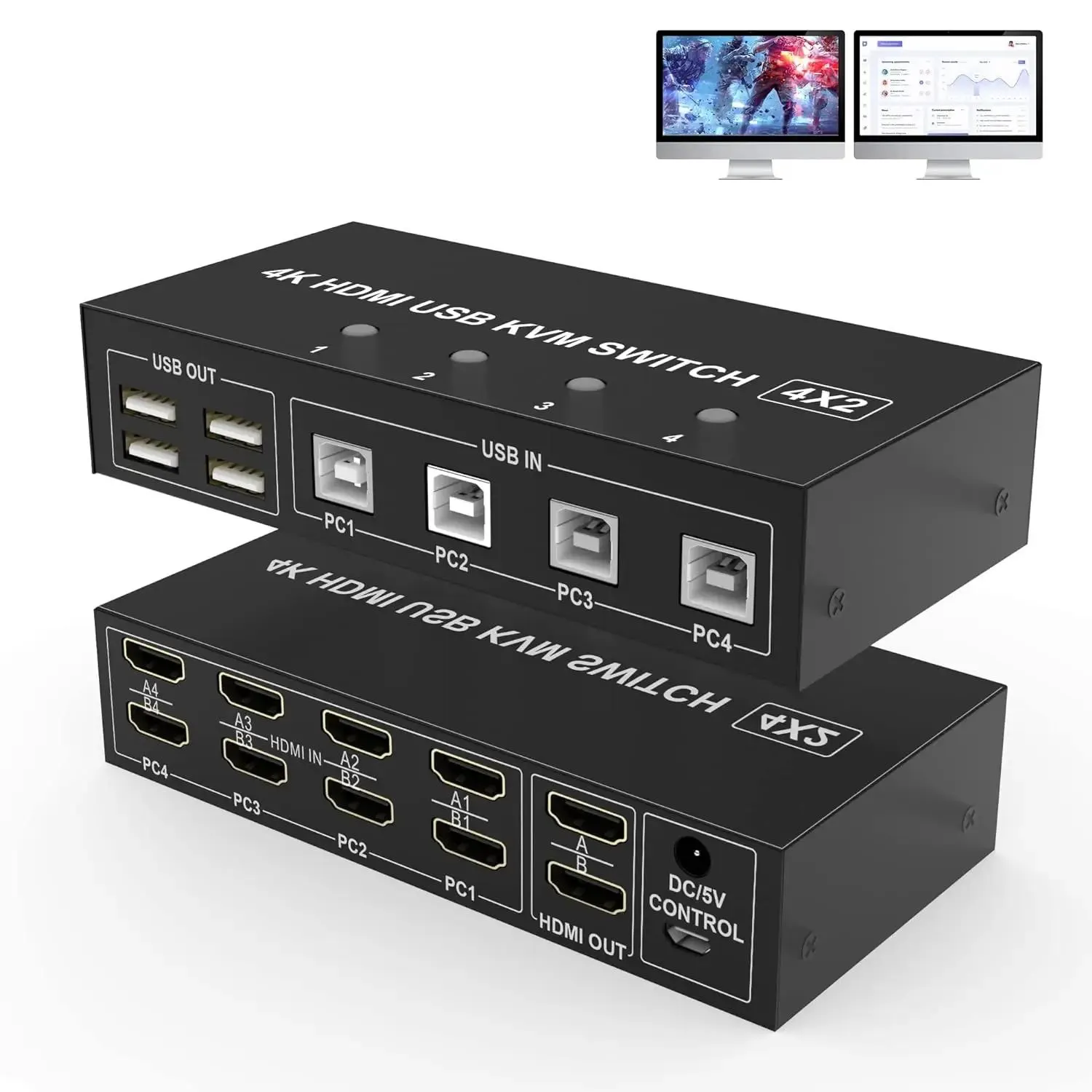 4K 60Hz Dual Display HDMI KVM Switch 4x2 Extended Display 4 Port HDMI 2.0 USB KVM Switcher for 4 PC Share Monitor Mouse Keyboard