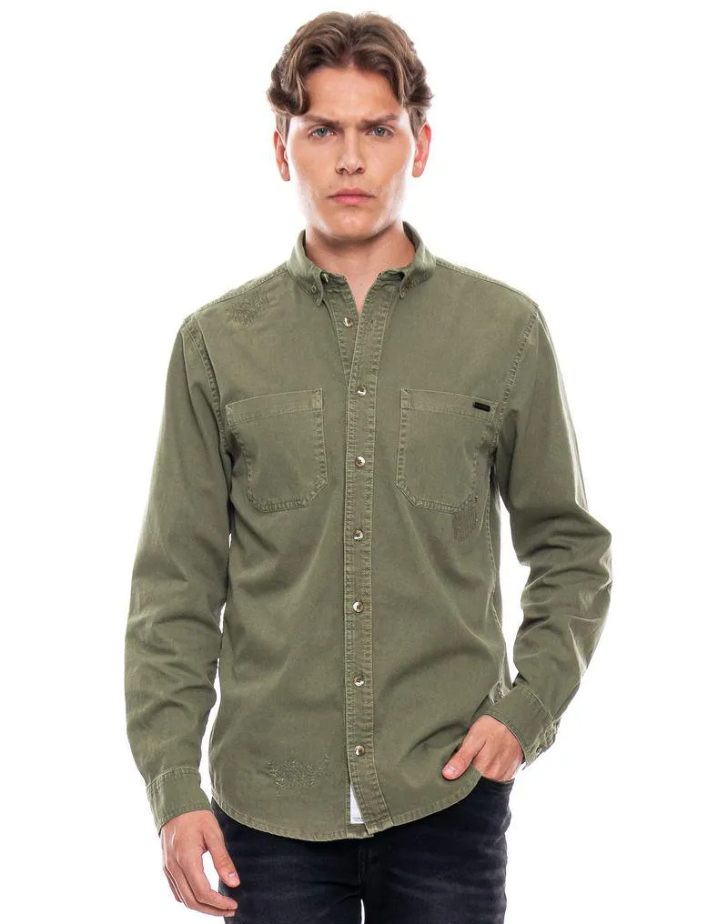 Camisa Manga Larga Unicolor Con Bolsillo En Frente