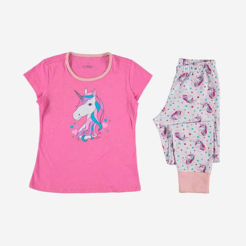 Pijama de Mic pantalón largo rosado y blanco para niña