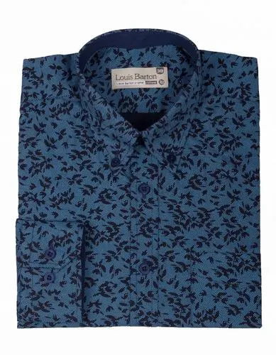 Camisa Manga Larga Azul Estampado Flores Negras – Moldería informal