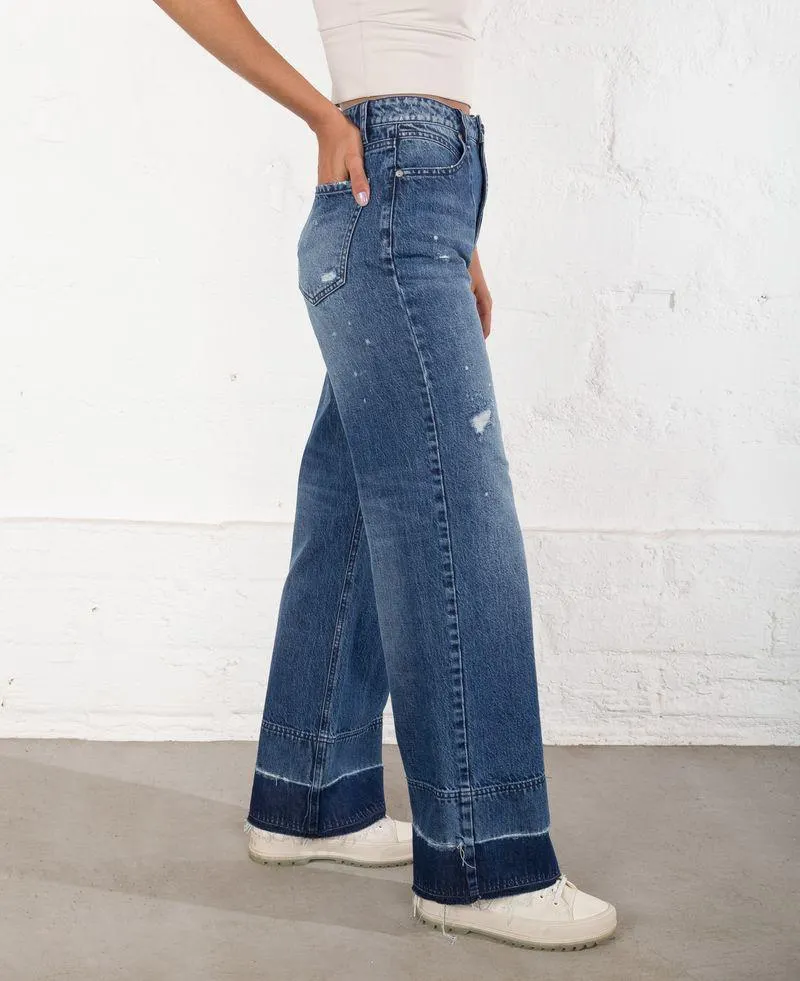 Jean para mujer azul oscuro Wide Leg Long tiro súper alto con destrozos y reservas en el bajo