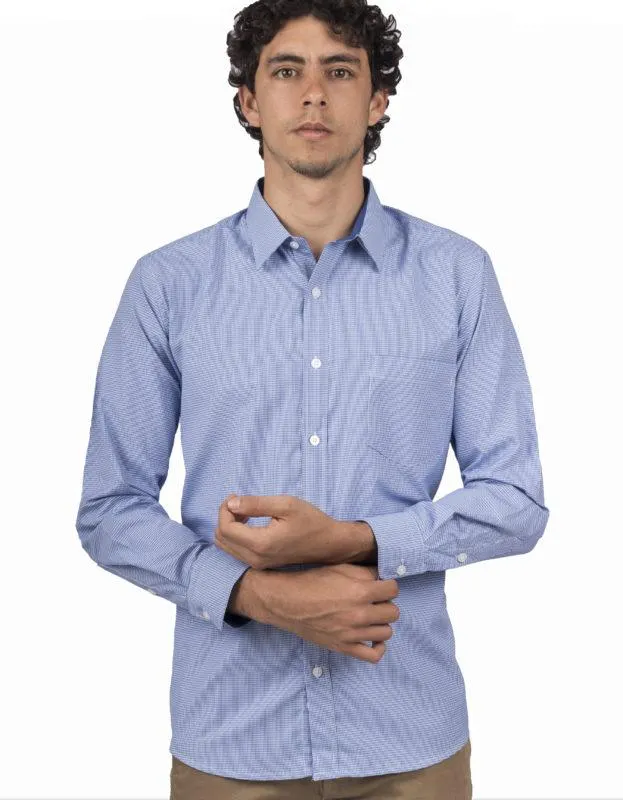 Camisa Manga Larga Cuadros Celeste Pequeños – Moldería clásica