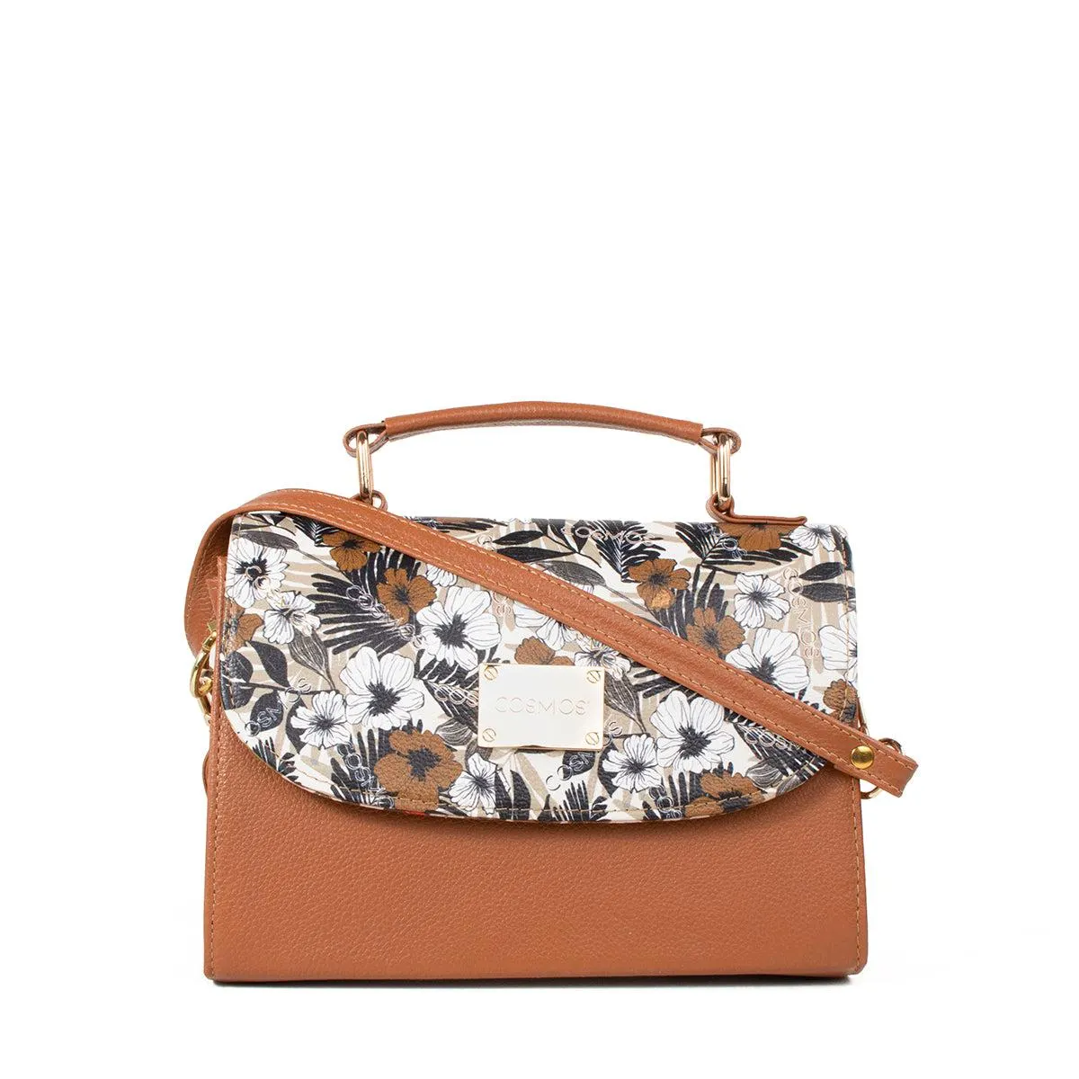 Bolso tipo bandolera color tabaco estampado frontal, para dama.