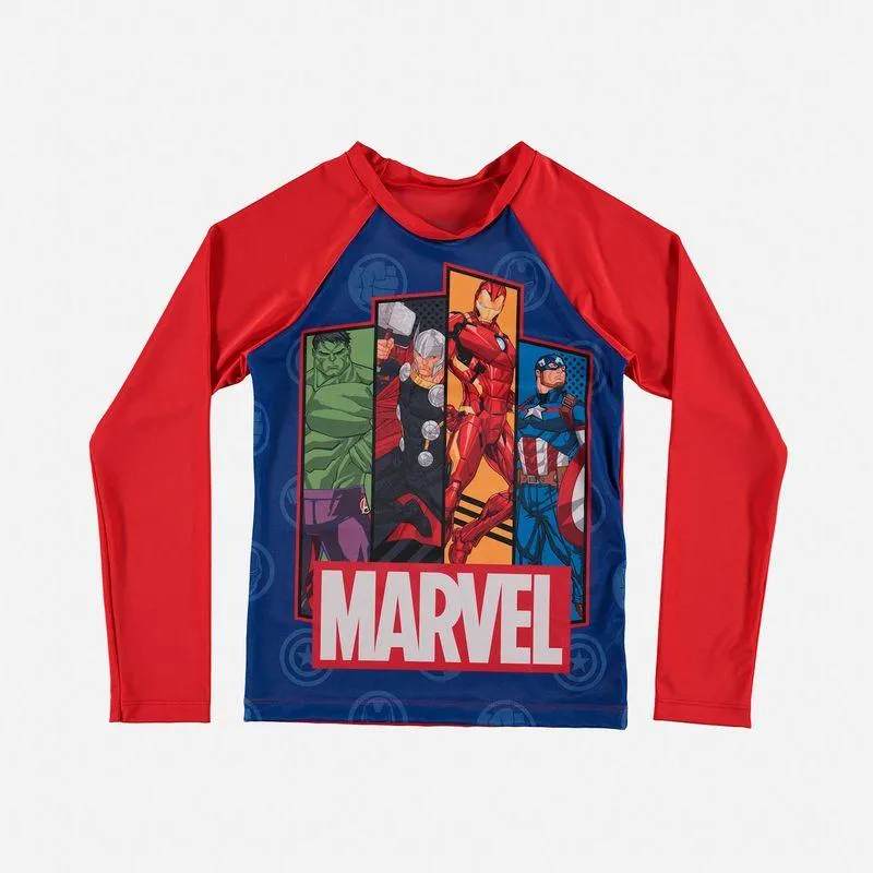 Camiseta baño Marvel manga larga azul y roja para niño