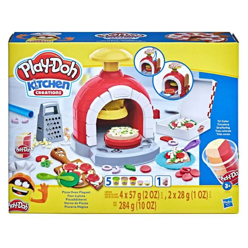 Set de cocina para Pizza Play Doh, Incluye horno de pizzas de juguete, rallador de queso, paleta de pizza, cortador, caja de pizza, herramienta para servir, rodillo, 2 platos, 1 lata de masa tricolor y 5 latas de masa para moldear. (A partir de 3 años)