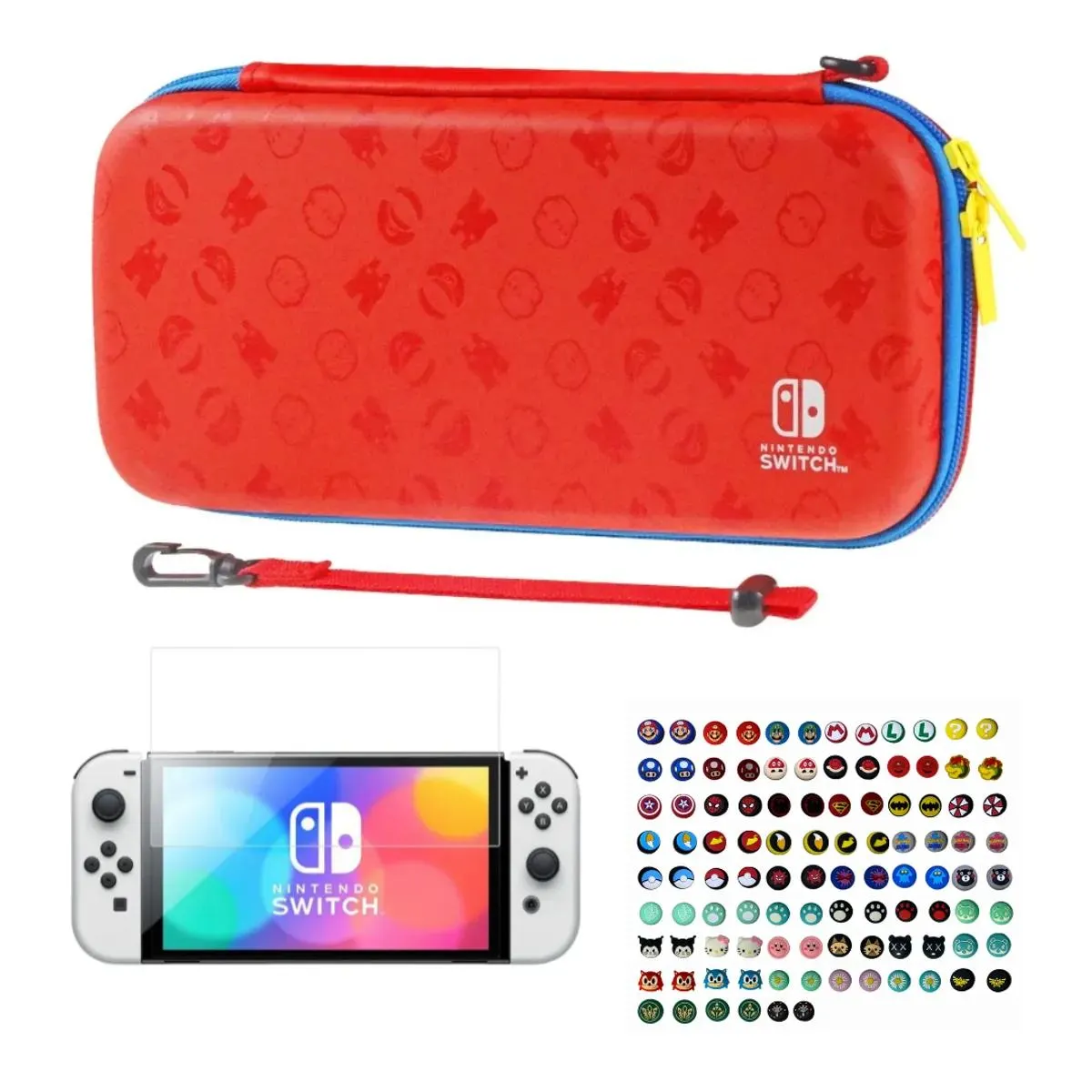 Combo Estuche Rojo/Azul + 2 grips + Vidrio Para Nintendo Switch Oled