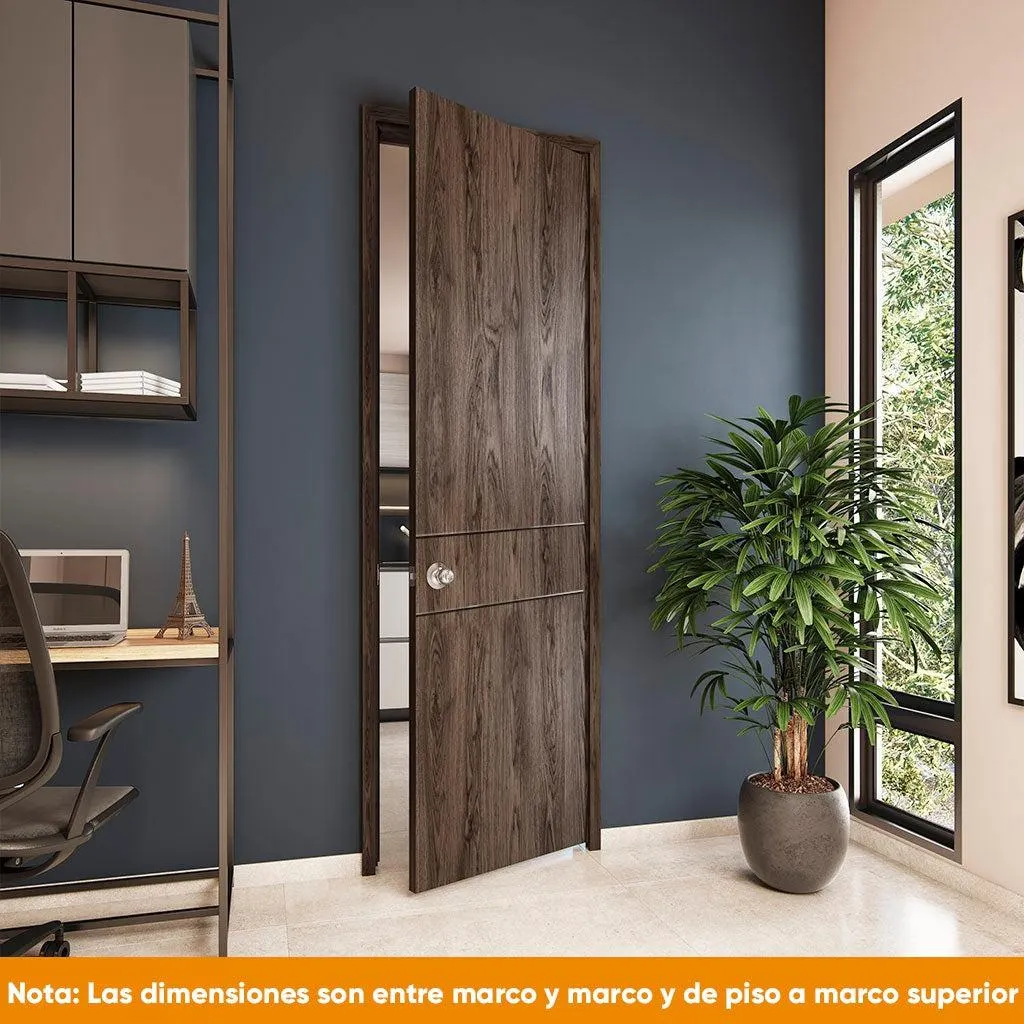 Puerta de madera melaminica ranurada veta vertical color coñac