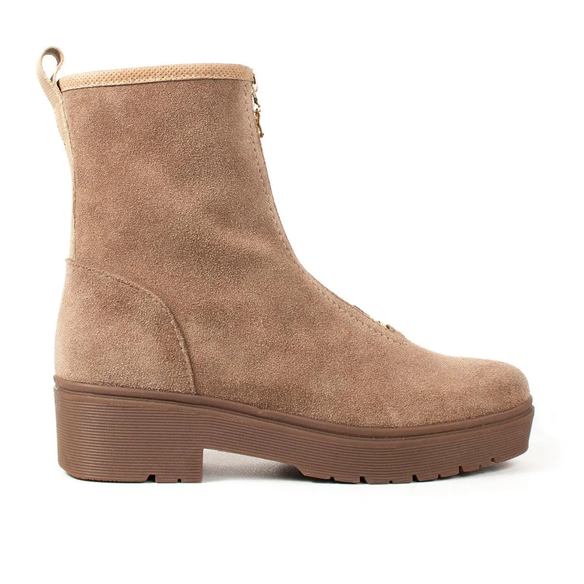 Botín de cuero color arena con cierre frontal, para dama